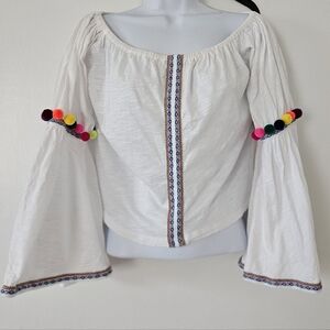 Pitusa Womens Top Flare Sleeve Festival OS Cropped Hippie Pompom Rainbow Boho